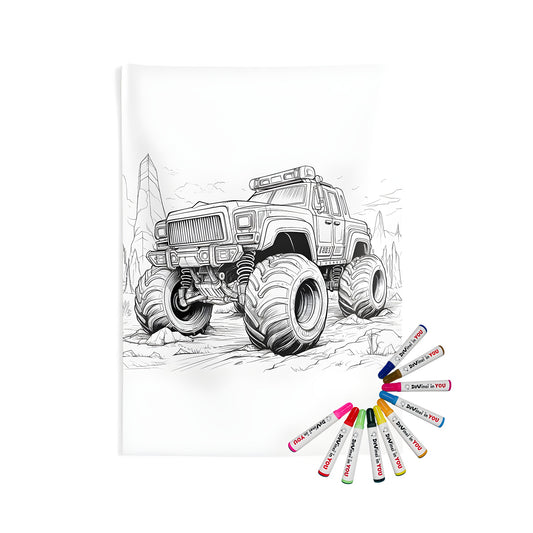 Indoor wall tapestry featuring a detailed black and white illustration of a monster truck, dune buggy, or off-road vehicle on rugged terrain, perfect for coloring