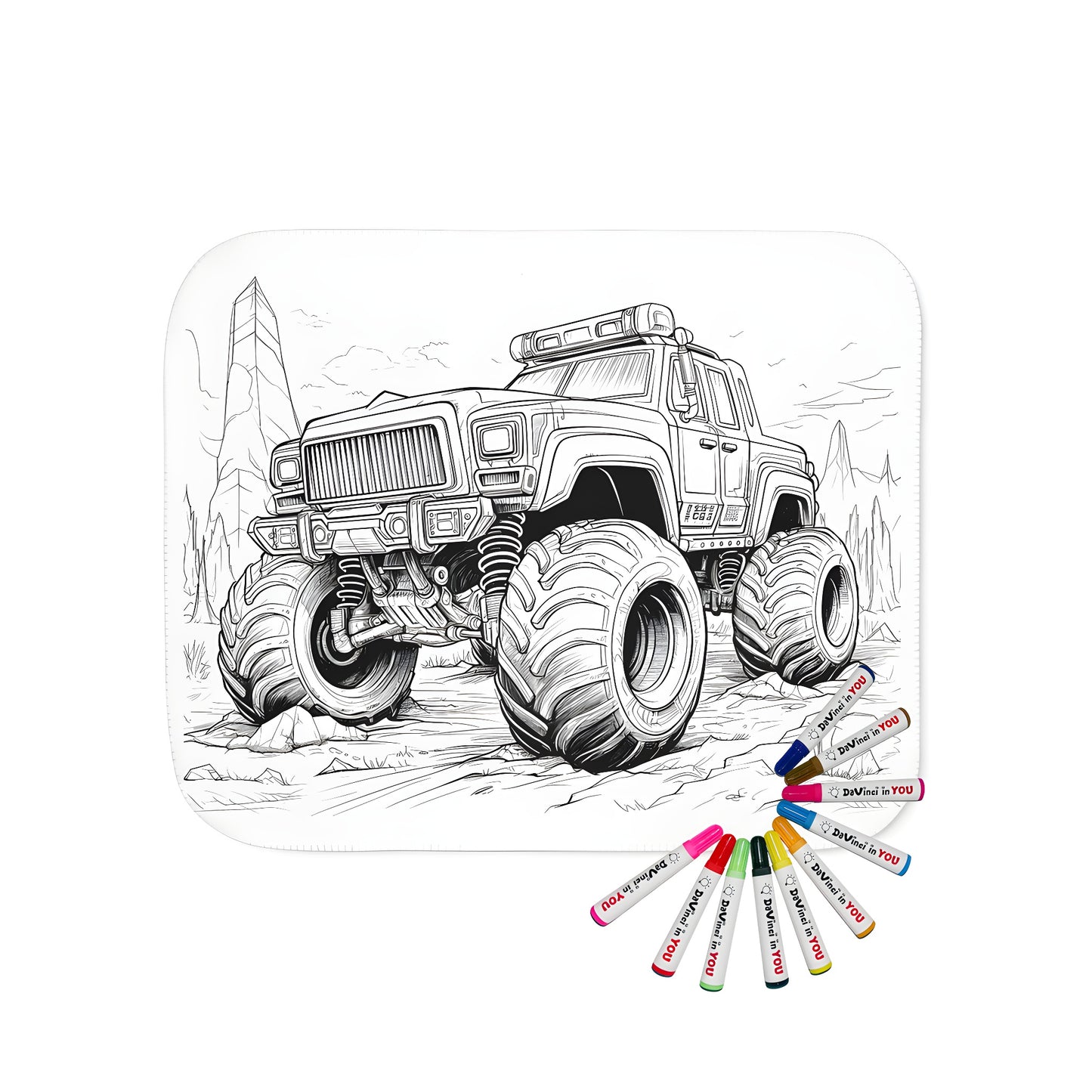 Blanket with detailed black and white illustration of monster truck, off-road vehicle, rugged terrain and large tires