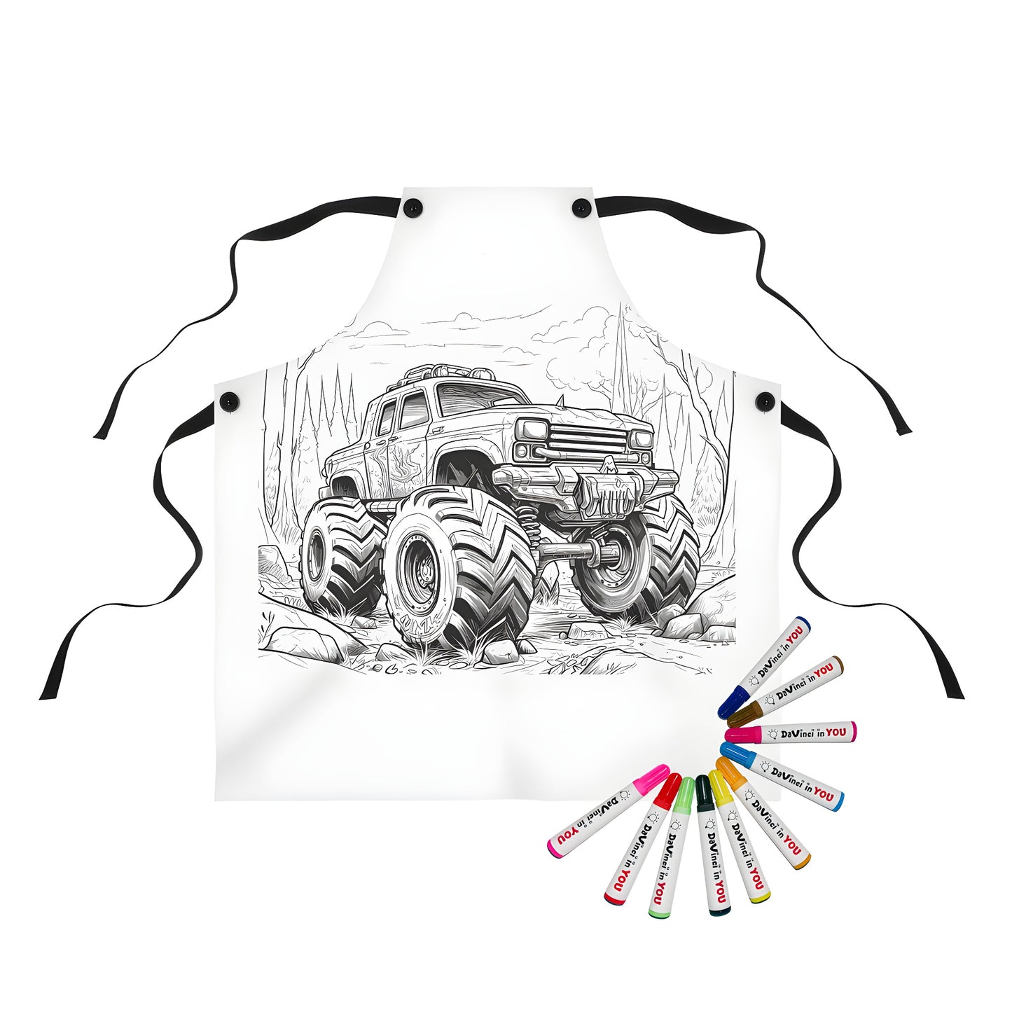 Coloring apron with a detailed black and white drawing of a monster truck or dune buggy navigating through rough terrain in a forest setting