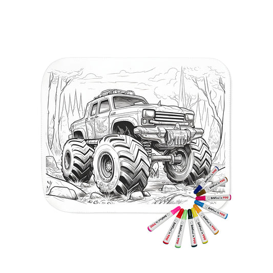 Blanket with a fun and colorful Detailed semi-truck drawing of a monster vehicle navigating through rough terrain in a forest setting.