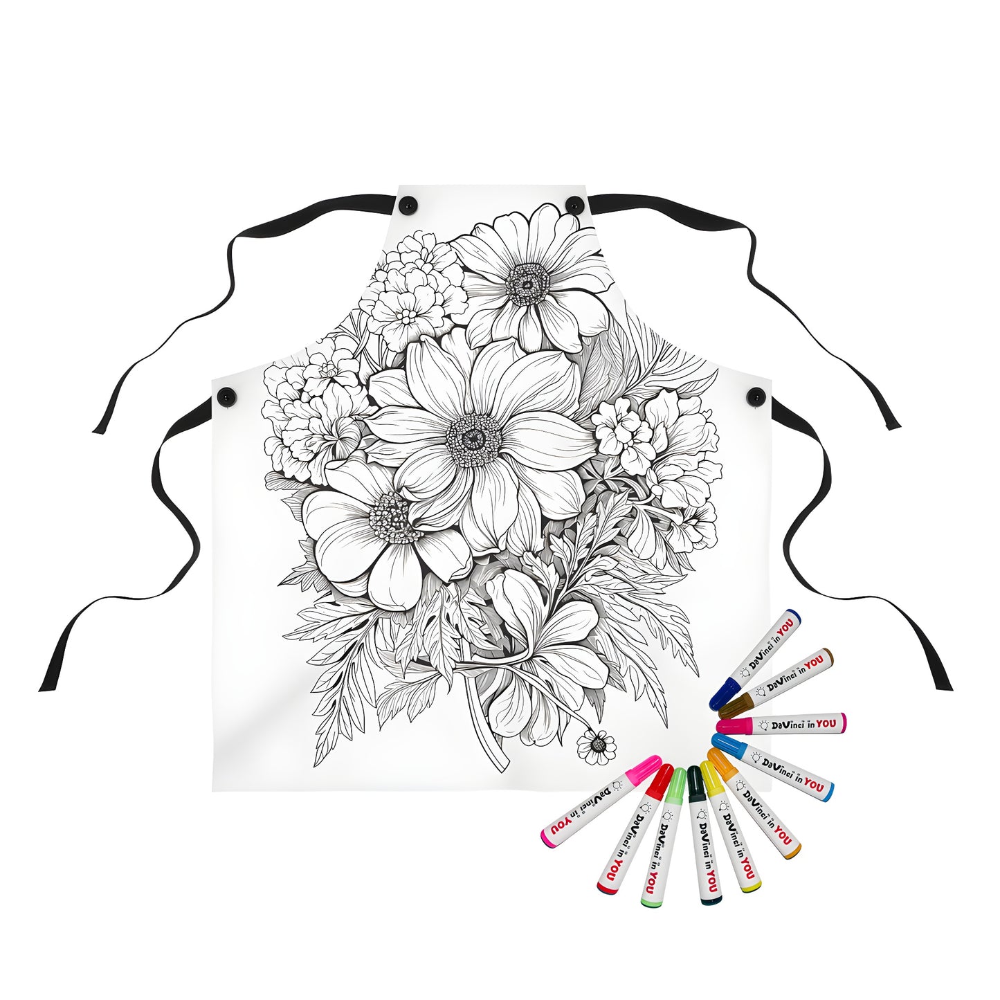 Apron with an intricate floral pattern illustration featuring different blossoms and leaves, perfect for coloring