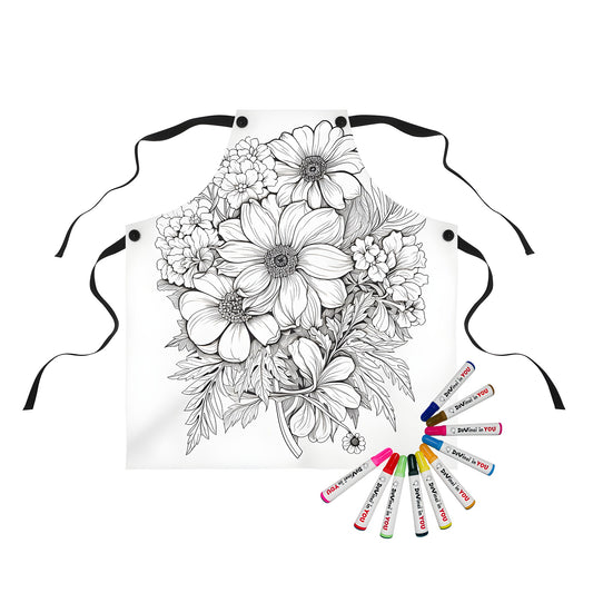 Apron with an intricate floral pattern illustration featuring different blossoms and leaves, perfect for coloring