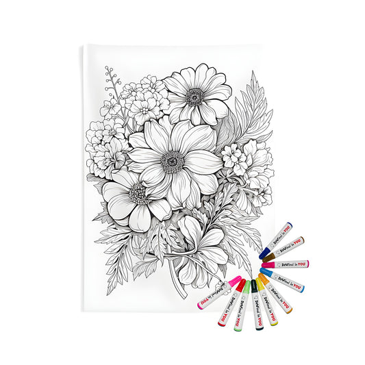 Indoor wall tapestries with floral bouquet illustration, perfect for adult coloring kits