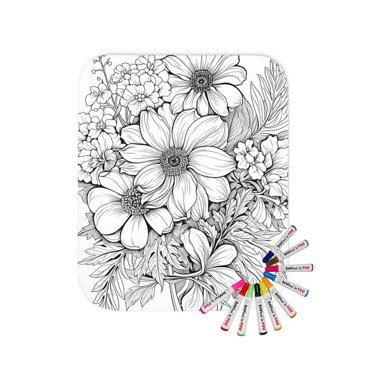 Blanket with beautiful floral designs, intricate black and white illustrations of blossoms and leaves, perfect for adult coloring