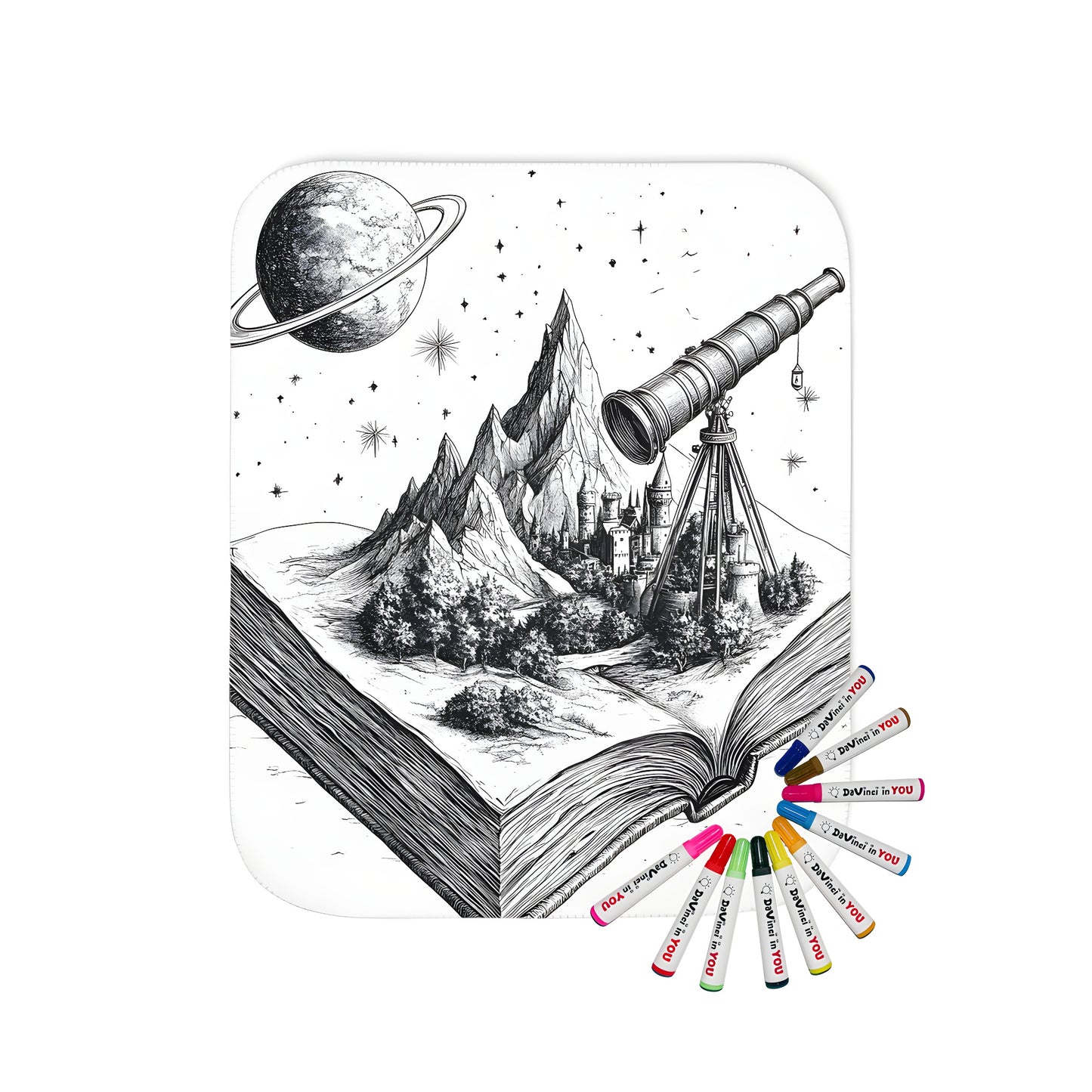 Blanket with fantasy castle and telescope print, featuring an intricate illustration of mountains and a ringed planet in the background