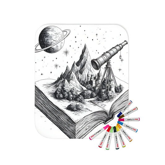 Blanket with fantasy castle and telescope print, featuring an intricate illustration of mountains and a ringed planet in the background