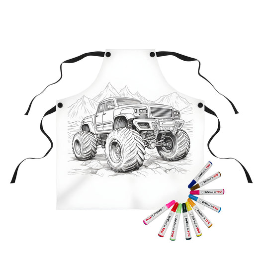 Apron featuring an eye-catching black and white monster truck illustration with oversized tires against a scenic mountain backdrop