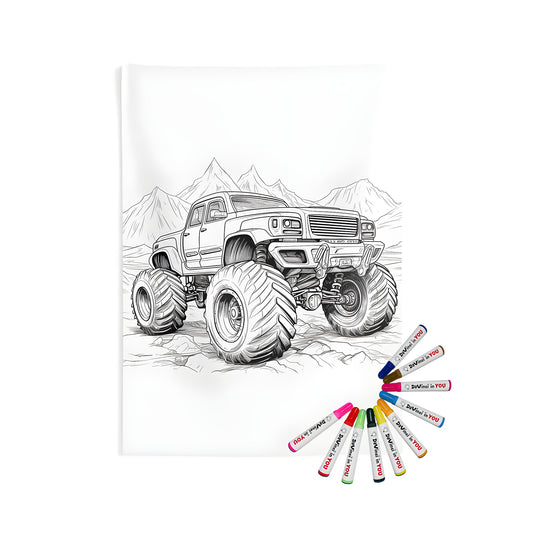 Indoor wall tapestries coloring kit with fabric markers and detailed black white illustration of monster truck oversized tires in mountain landscape