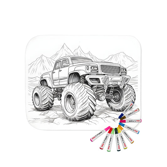 Colorful blanket featuring a detailed black and white illustration of a monster truck with oversized tires in front of a mountain landscape, perfect for kids' bedrooms or nurseries.