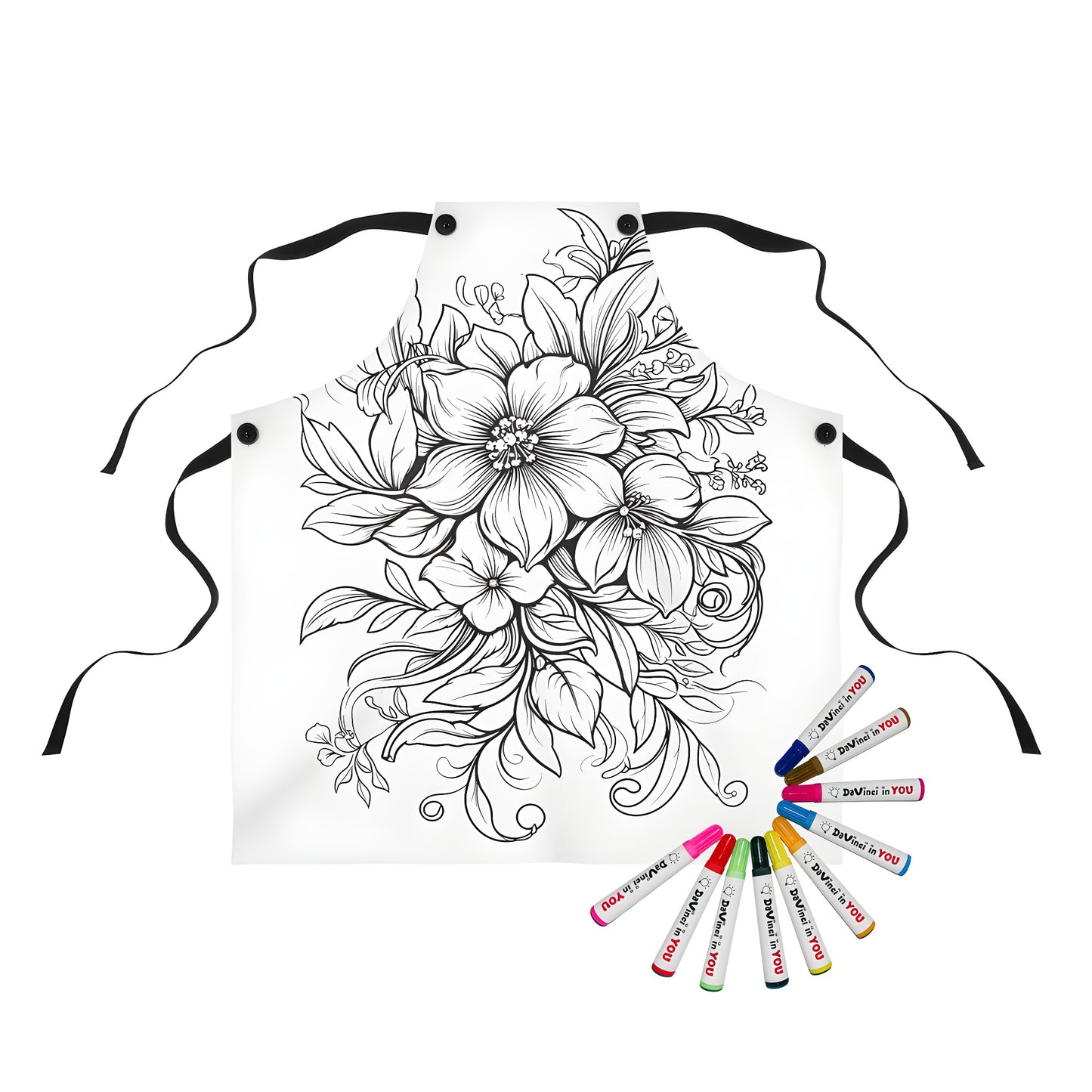 Intricate black and white floral pattern apron for adults