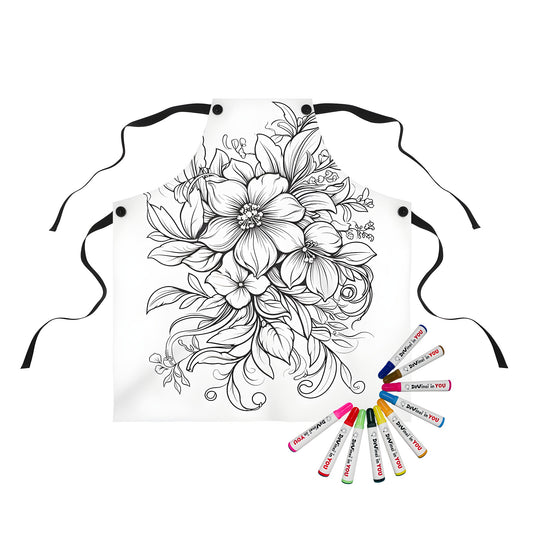 Intricate black and white floral pattern apron for adults