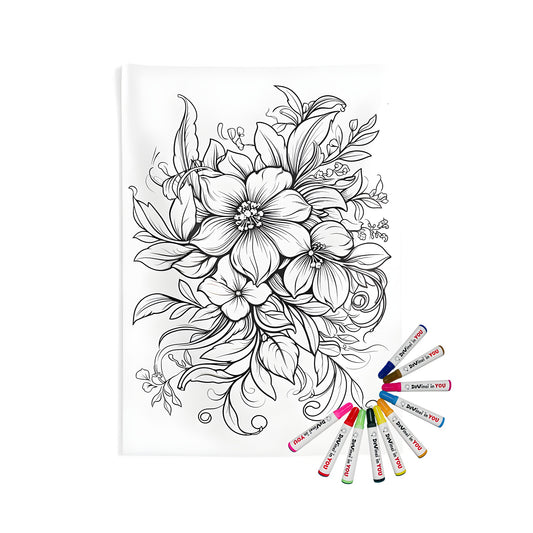 Intricate floral pattern indoor wall tapestries with vibrant coloring kit and fabric markers