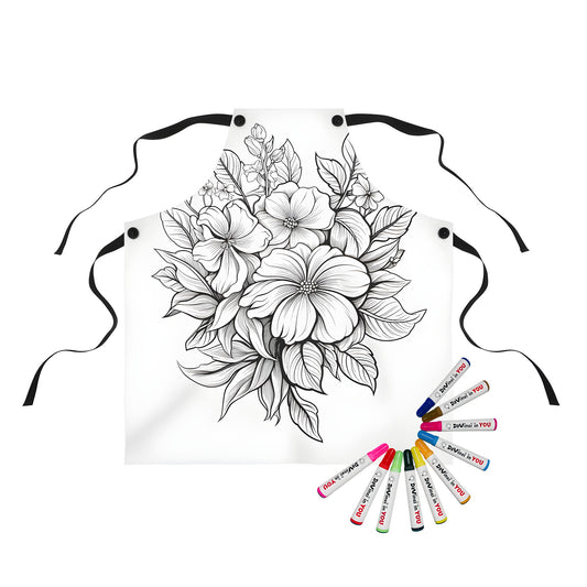 Colorful apron featuring an intricate flower arrangement with blossoms and leaves, perfect for artists who love flowers, bouquets, garden scenes, botanical prints, or floral designs