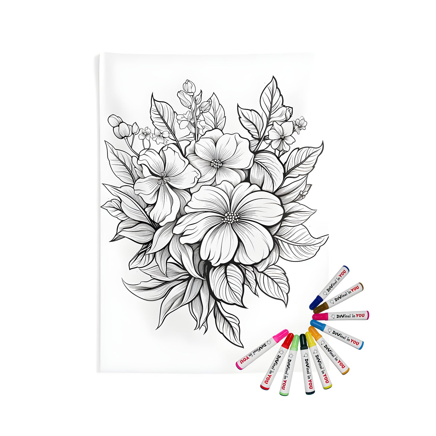 Intricate floral design wall tapestry with vibrant coloring pages and fabric markers