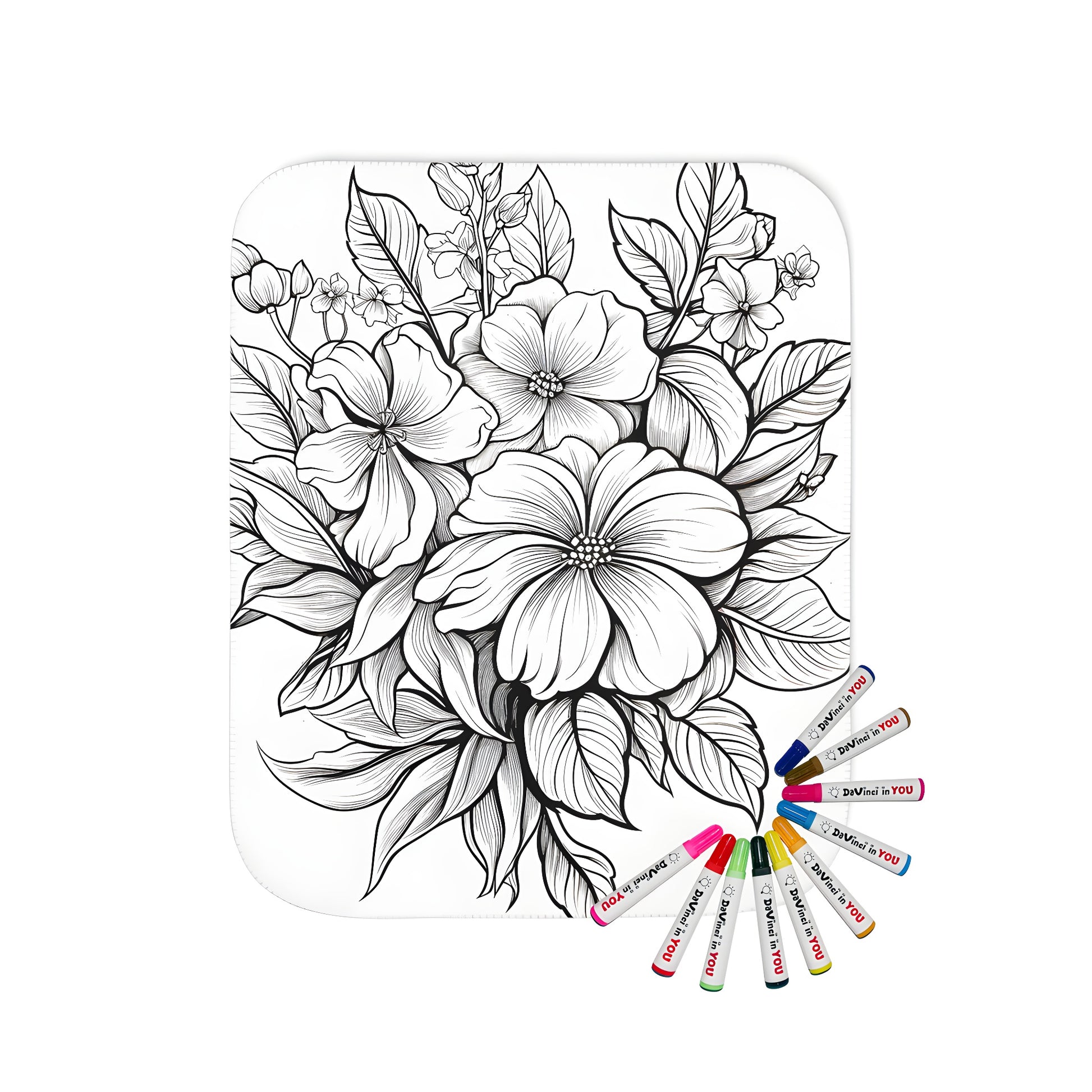 Cozy blanket with an intricate black-and-white outline drawing of a floral arrangement, featuring multiple blossoms and leaves. Perfect for adult coloring book enthusiasts.