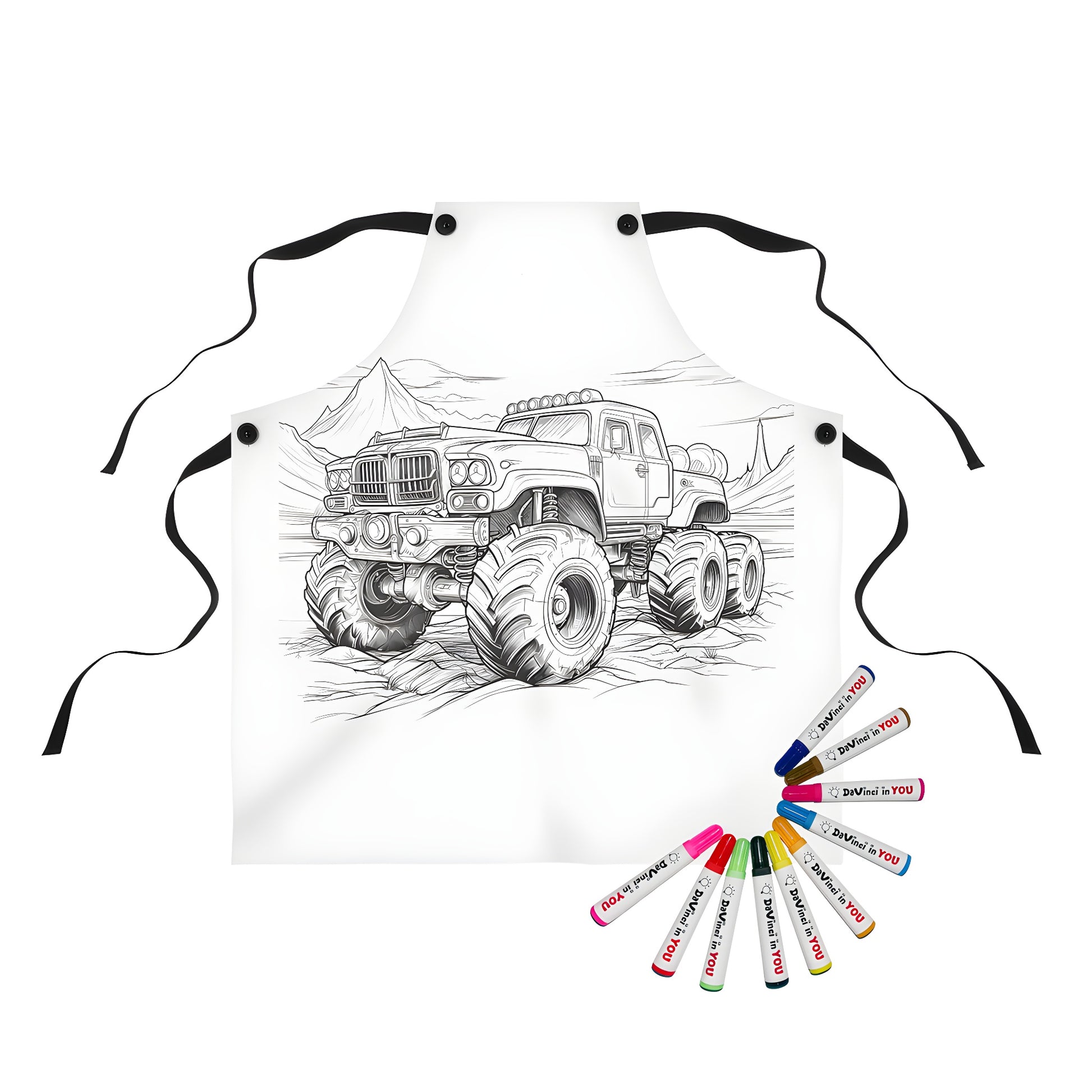 Coloring apron for kids with monster truck design featuring large wheels, rugged terrain and thrilling details