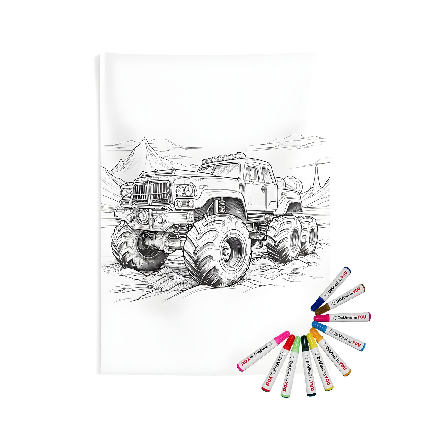 Indoor wall tapestry featuring a detailed coloring page of a rugged monster truck with large wheels and a mountainous background