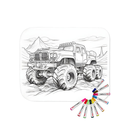 Blanket coloring kit with fabric markers, featuring a detailed monster truck design with big wheels and rugged terrain