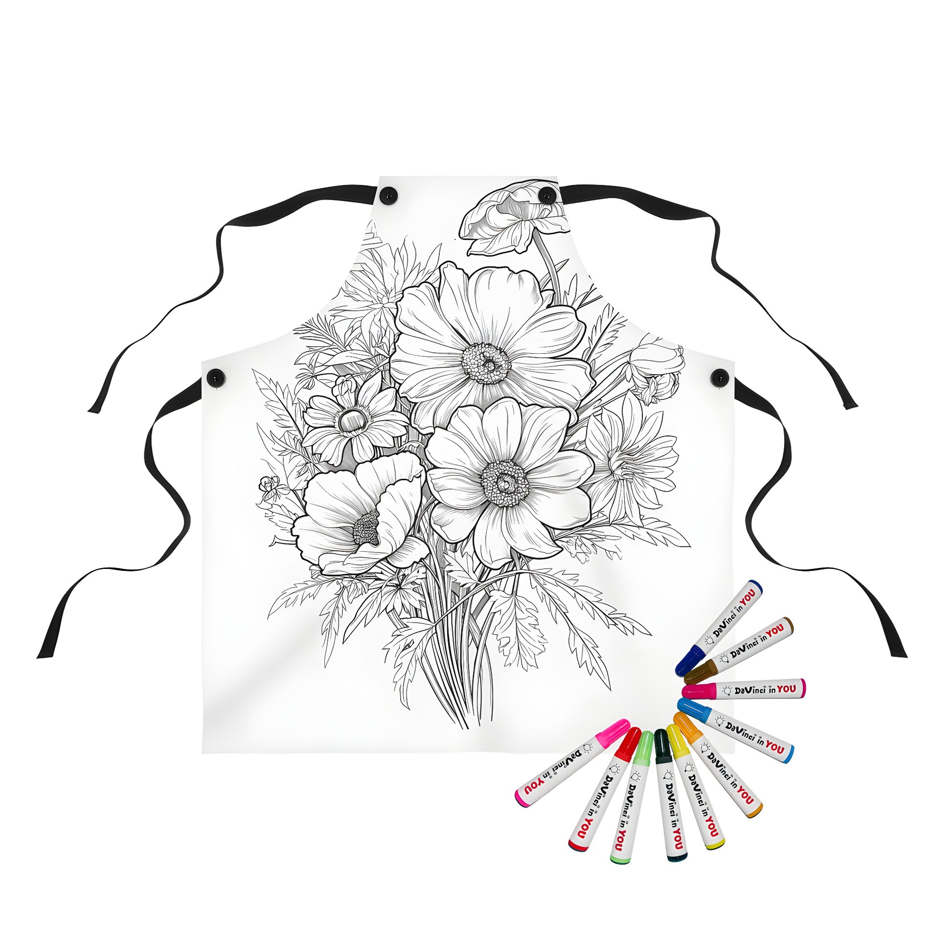 Coloring apron with vibrant fabric markers and floral bouquet design featuring intricate details