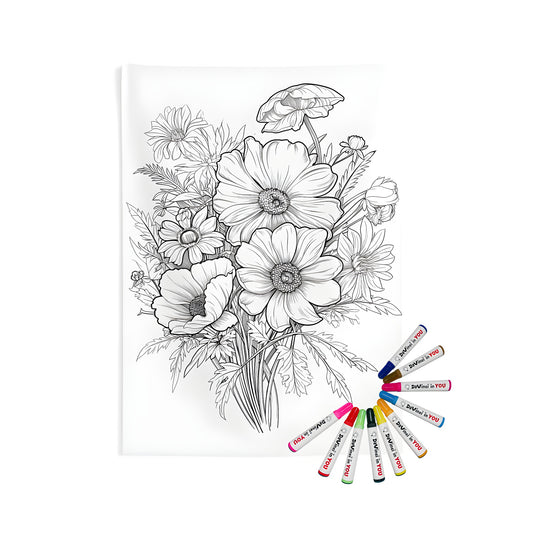 Detailed black and white illustration of flowers in an arrangement, bouquet, posy, or nosegay, perfect for adult coloring