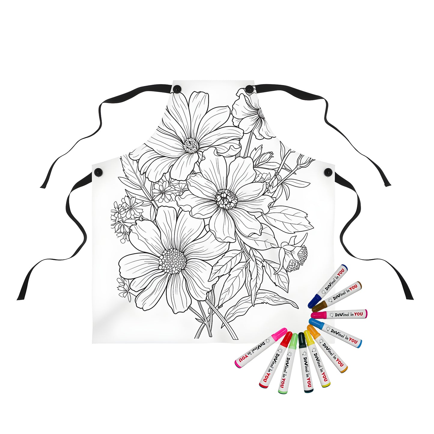 Detailed illustration apron with floral designs, suitable for adult coloring. Features large flowers and leaves.