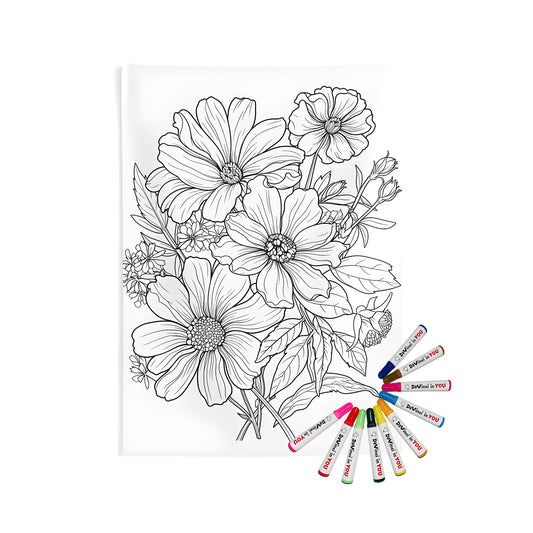 Detailed line art of a floral arrangement, indoor wall tapestries with colorful flowers and leaves, fabric marker coloring kit