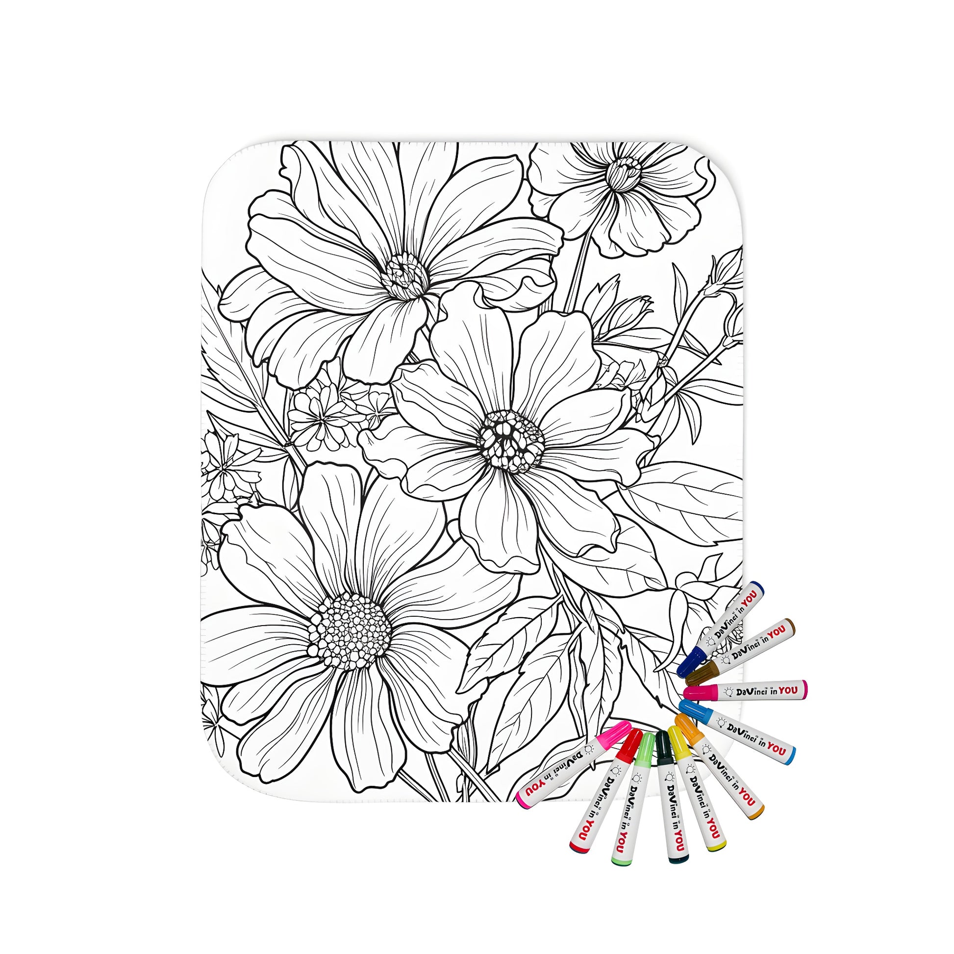 Blanket featuring detailed line art of floral arrangement with bouquet of flowers and leaves for adult coloring