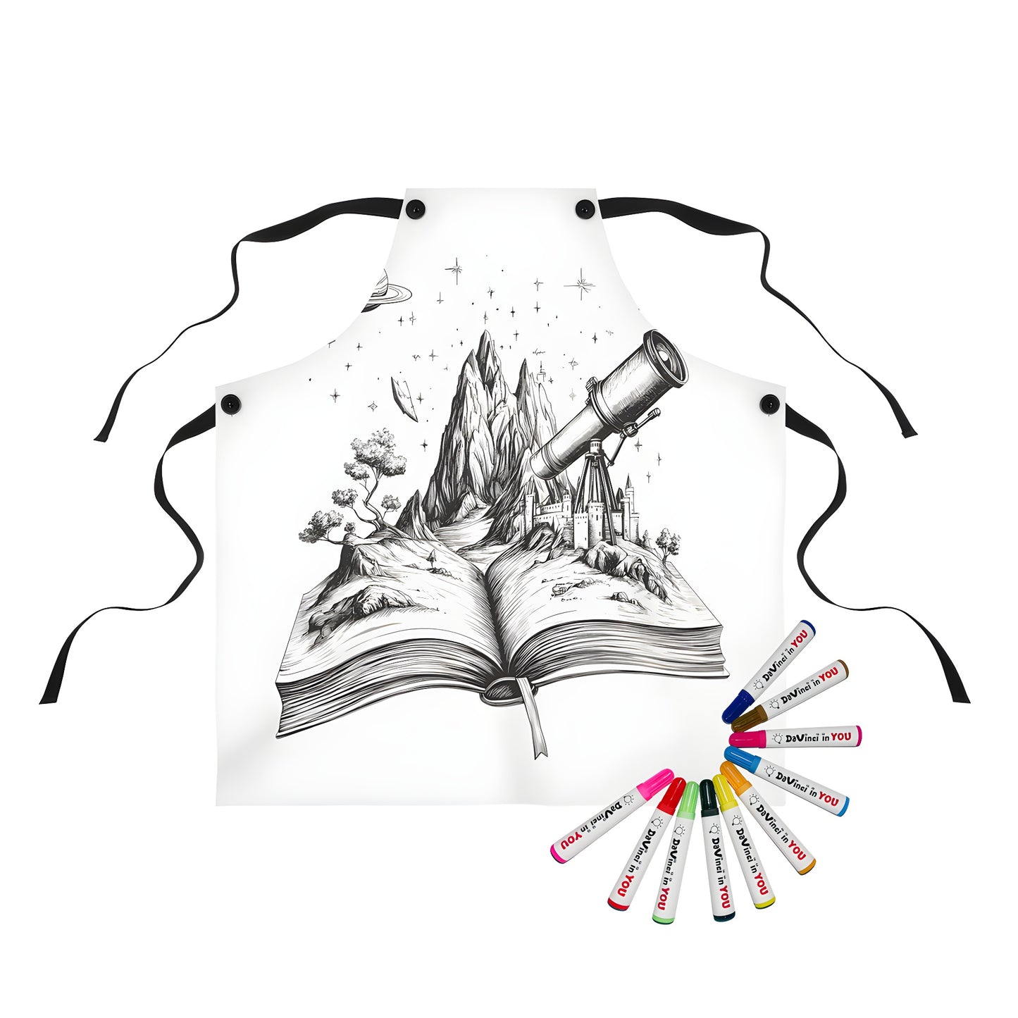 Apron with fantasy book-inspired design featuring a castle, mountain, and telescope emerging from an open book, surrounded by a planet and stars