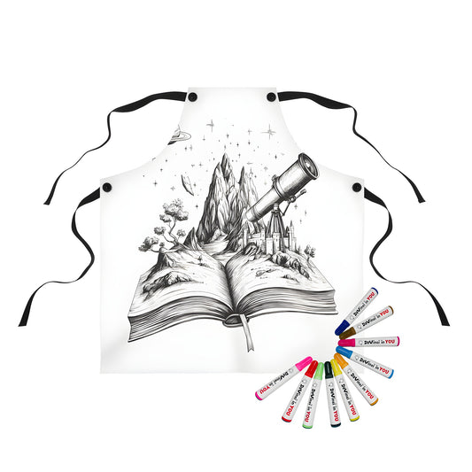 Apron with fantasy book-inspired design featuring a castle, mountain, and telescope emerging from an open book, surrounded by a planet and stars