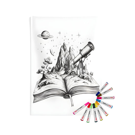 Indoor wall tapestry inspired by a fantasy coloring page featuring a castle, mountain, and telescope emerging from an open book, with a planet and stars in the background.