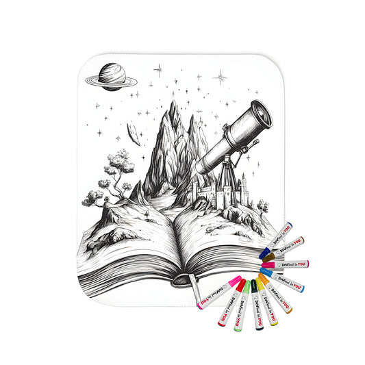 Blanket coloring kit with fabric markers, featuring a monochrome fantasy scene with castle, mountain, and telescope from an open book, planet, and stars in the background