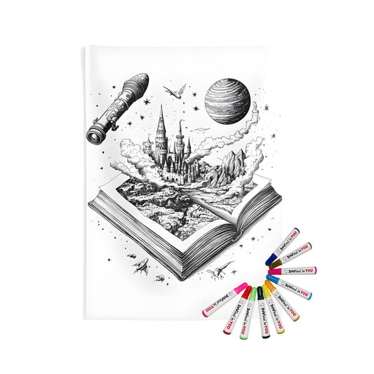 A detailed fantasy illustration of an open book showing a castle and mountains, set against a backdrop of space with rockets and planets.