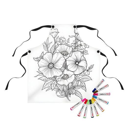 Coloring kit apron featuring a black and white illustration of poppy flowers and leaves, ideal for coloring. Includes 10 fabric markers.