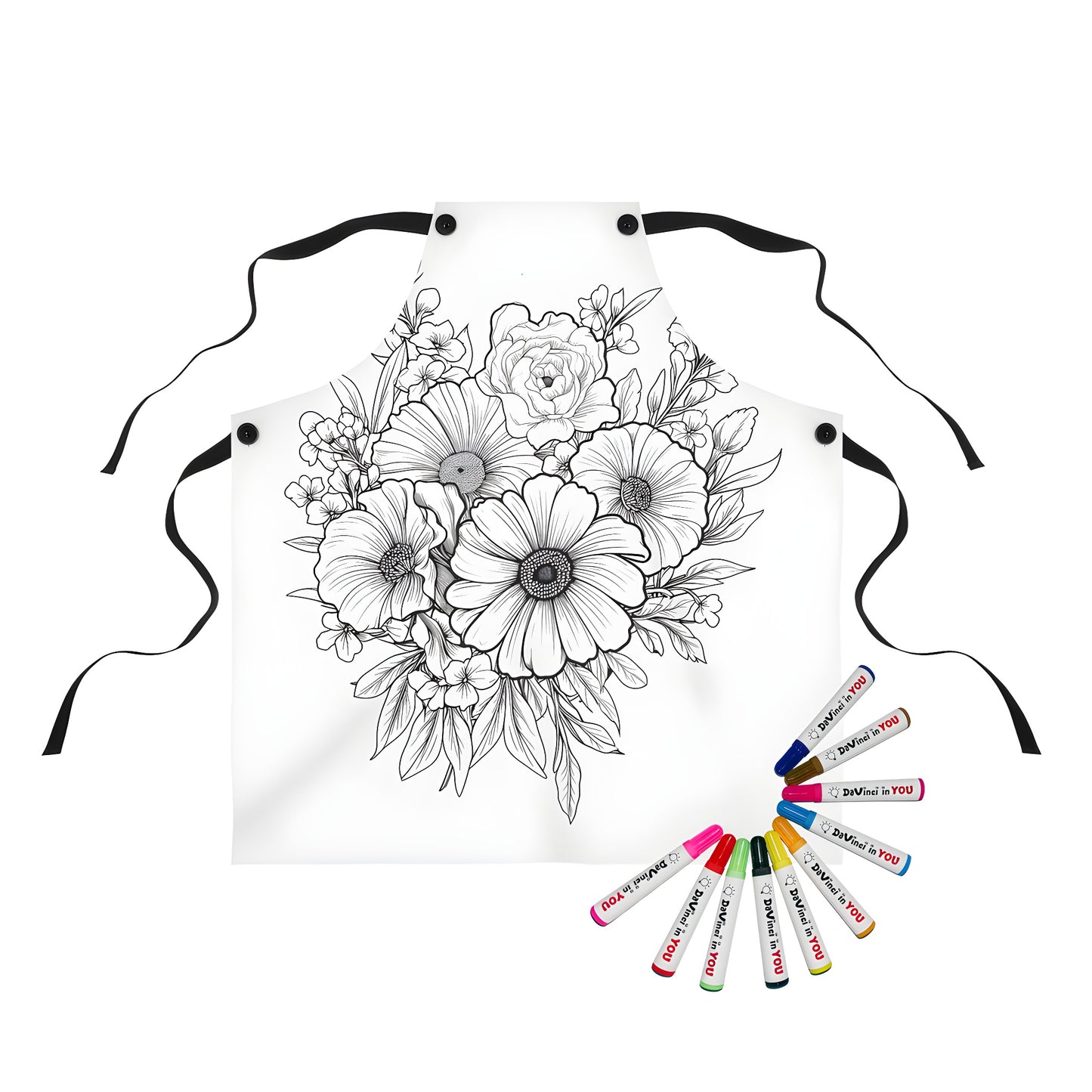 Coloring apron with vibrant flower arrangement, colorful blooms, and detailed illustration on fabric