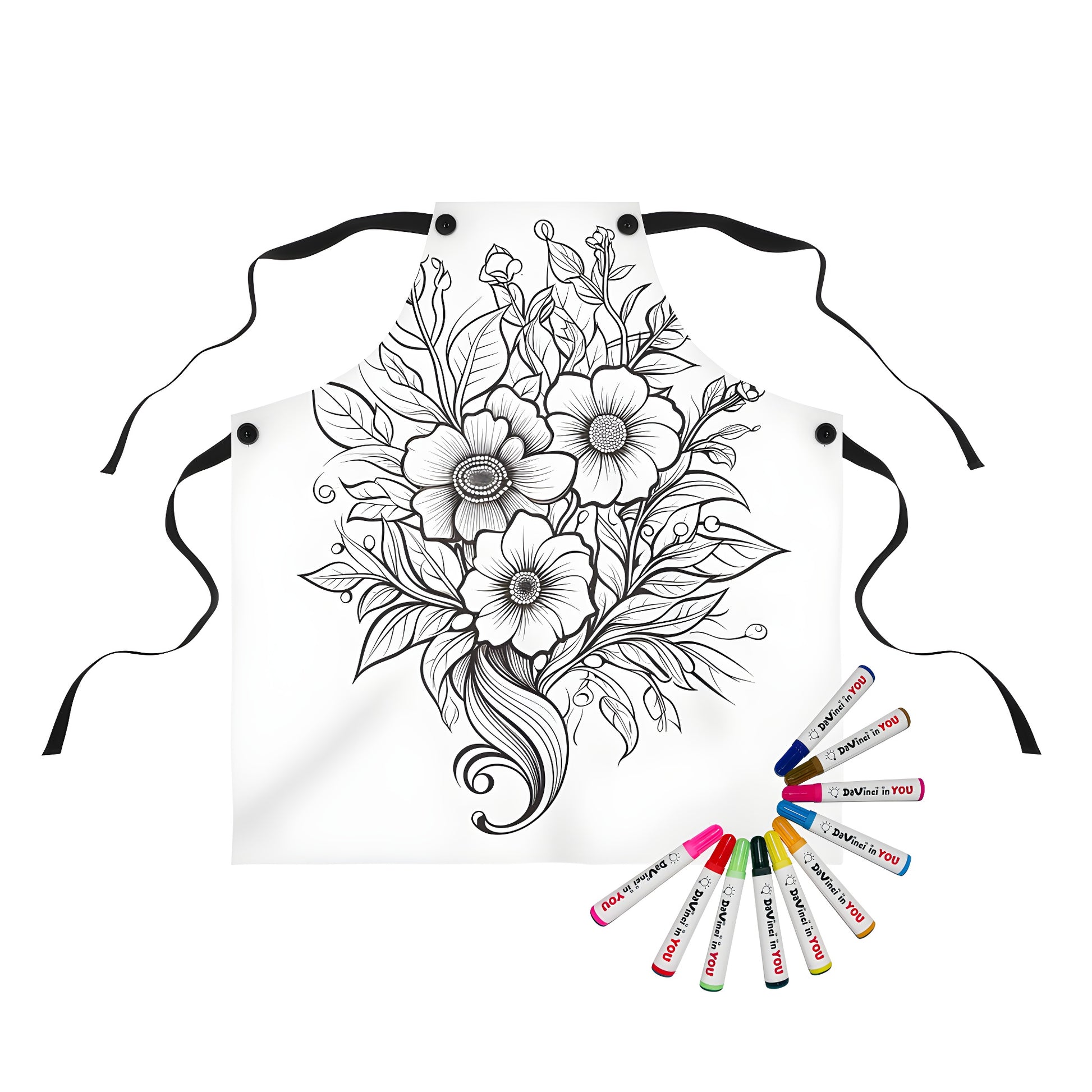 Apron with floral illustration design, coloring page style