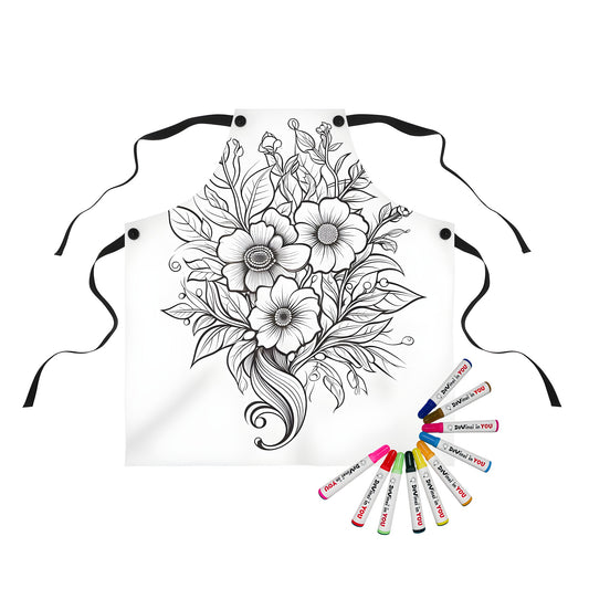 Apron with floral illustration design, coloring page style