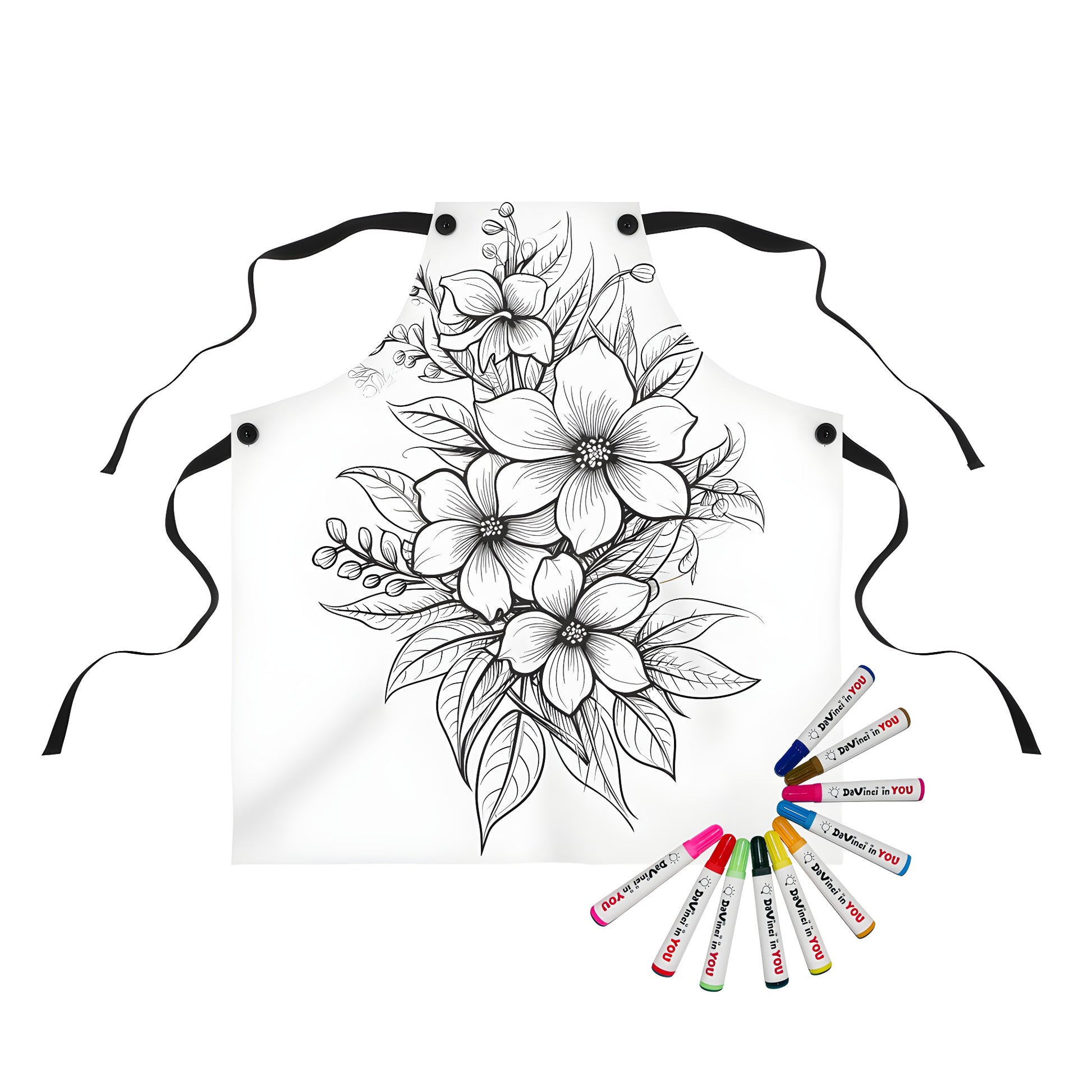 Colorful apron with intricate black and white floral illustration, featuring blooming flowers, botanical style, and delicate leaves.