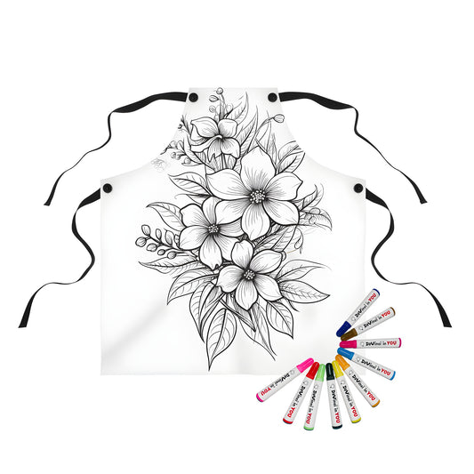 Colorful apron with intricate black and white floral illustration, featuring blooming flowers, botanical style, and delicate leaves.