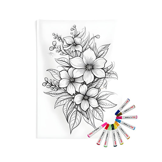 Intricately detailed black and white botanical illustration featuring blooming flowers, blossoms, blooms, floral designs, garden scenes, nature-inspired patterns