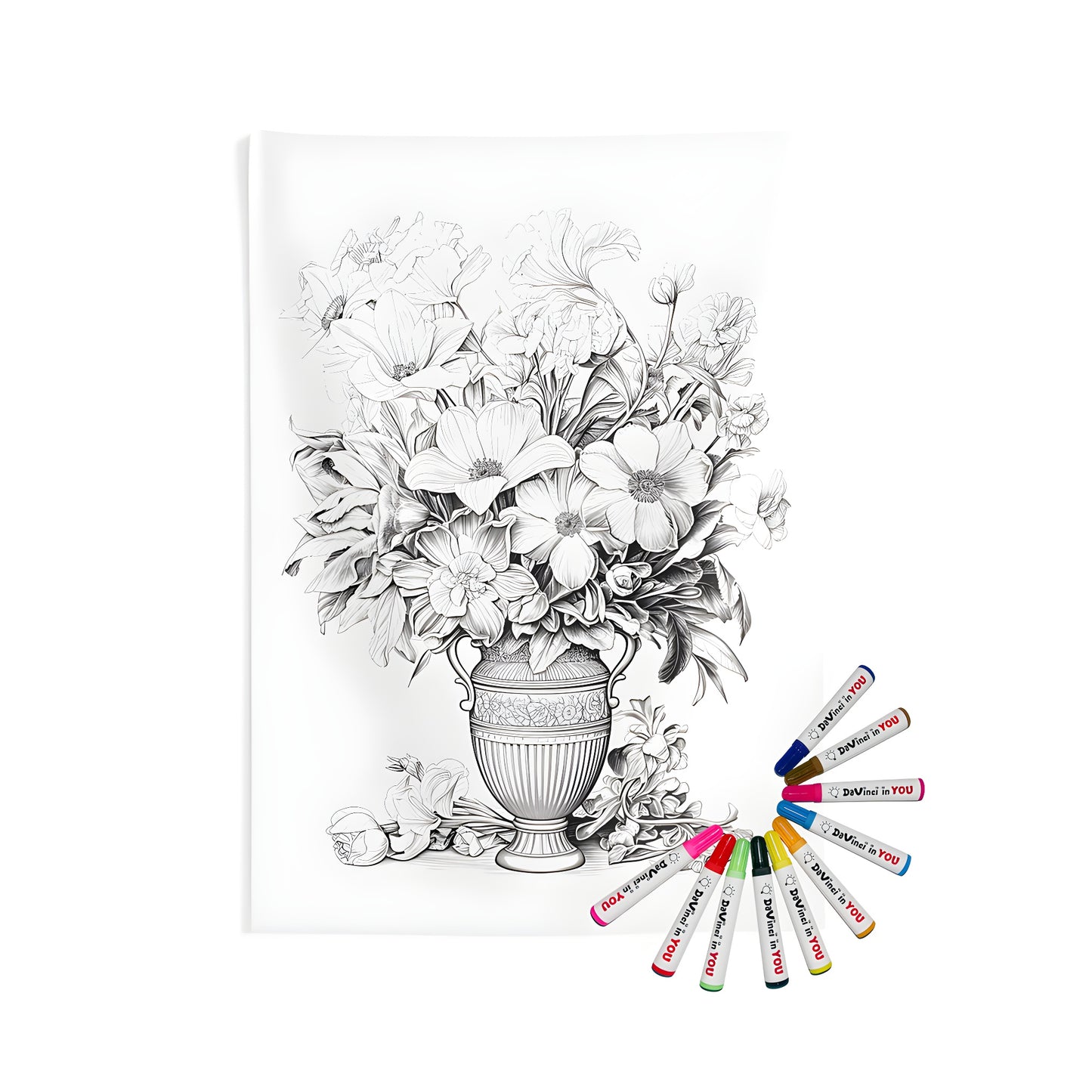 Indoor wall tapestries coloring kit featuring a detailed black and white floral arrangement in an antique vessel, including various blooms - vase flower art decor