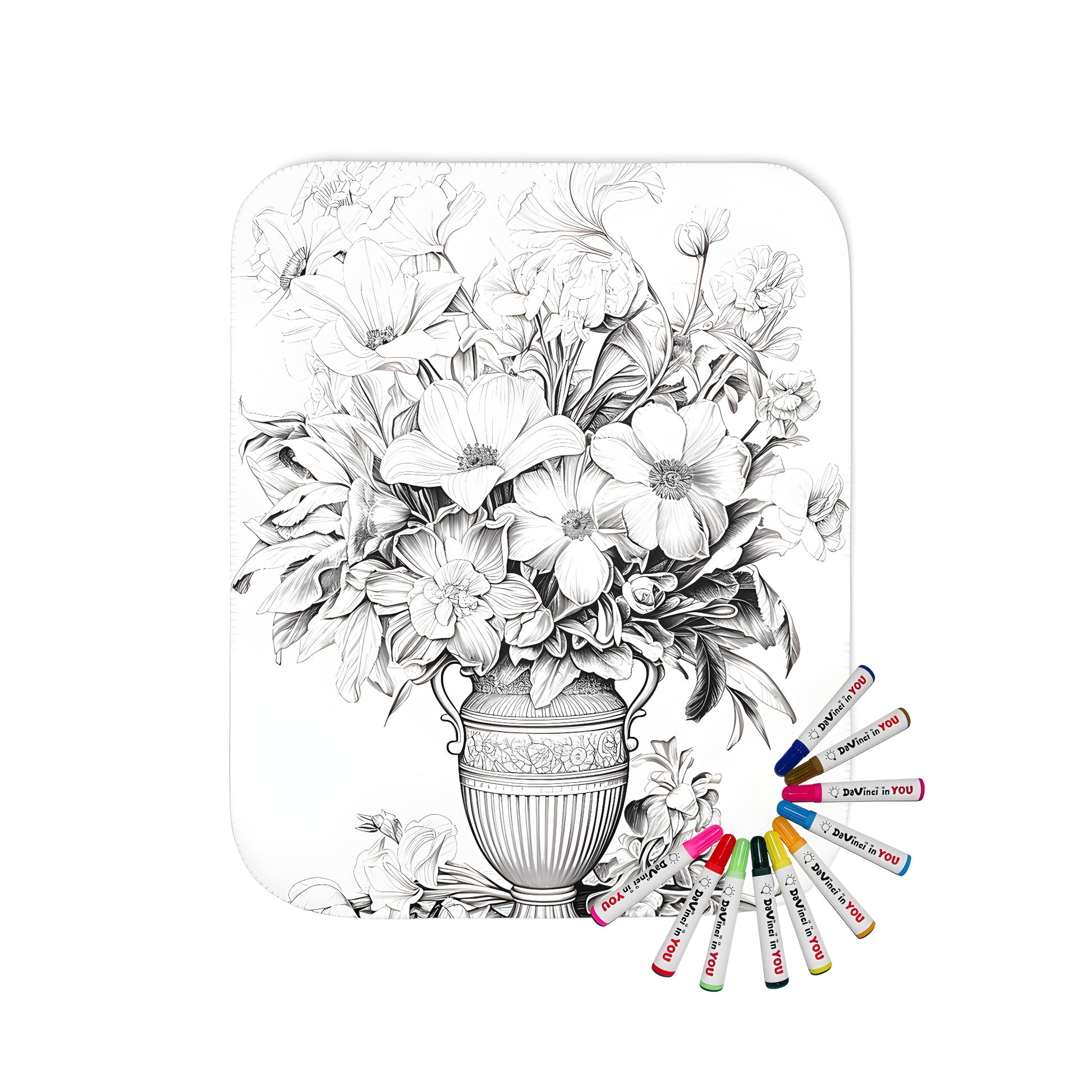 Cozy blanket with a beautiful floral arrangement inspired by an antique vase and detailed black and white illustration, perfect for relaxation and color therapy.