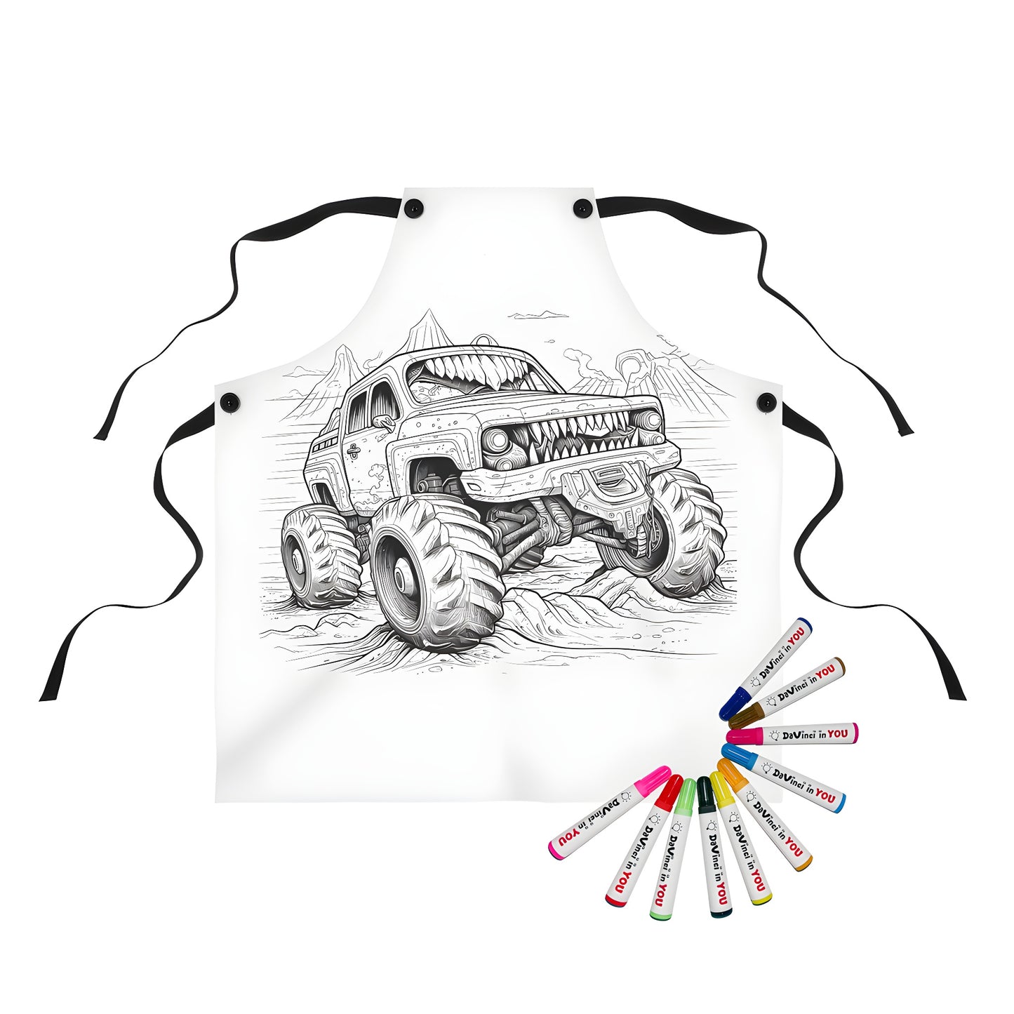 Coloring apron featuring a black-and-white illustration of a rugged truck with large wheels and a fierce grille