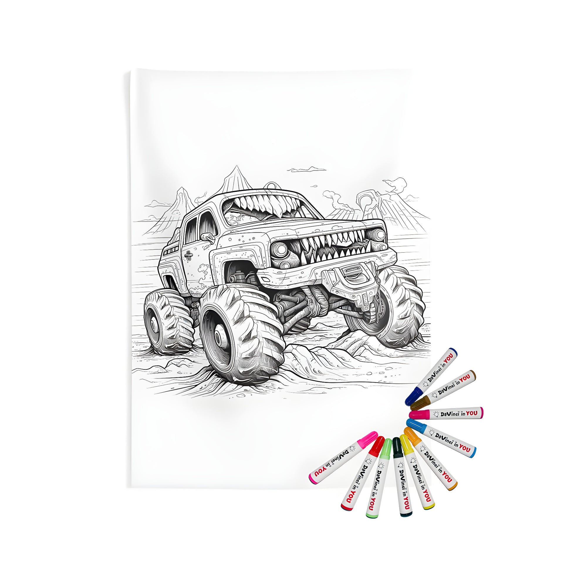 Monster truck coloring page wall tapestry for kids' bedrooms