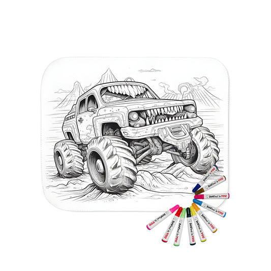 Blanket featuring a fun and colorful monster truck design