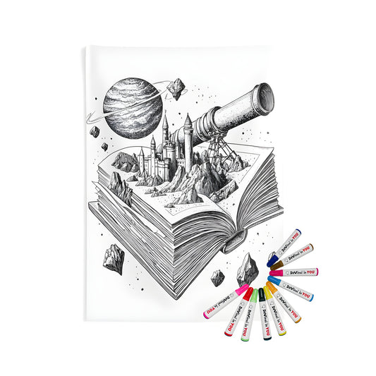 Space Fantasy Indoor Wall Tapestries with an open book, castle, telescope, planet, and asteroids illustration