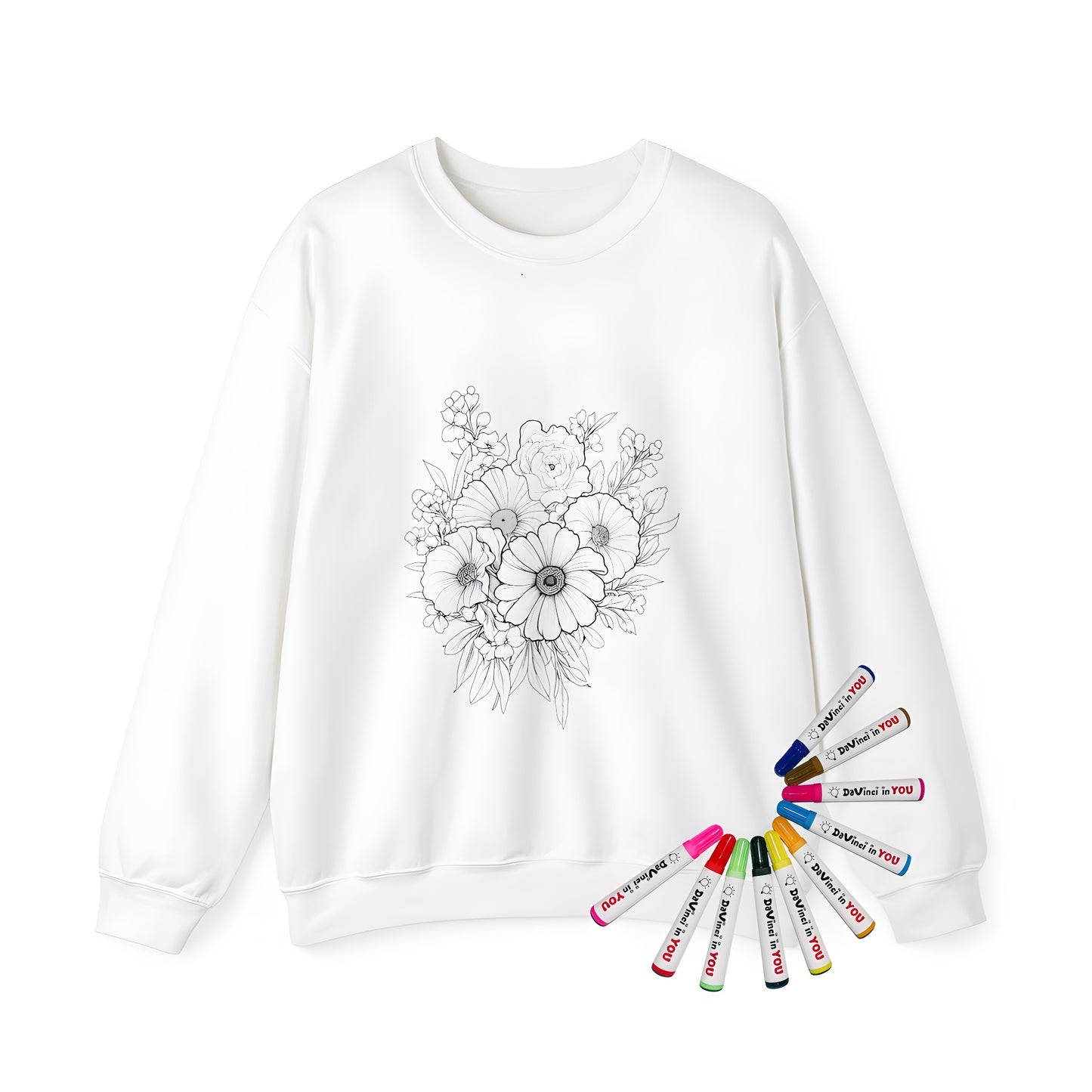 Adult sweatshirt with beautiful floral designs, featuring a colorful arrangement of flowers and leaves, perfect for relaxation and self-expression