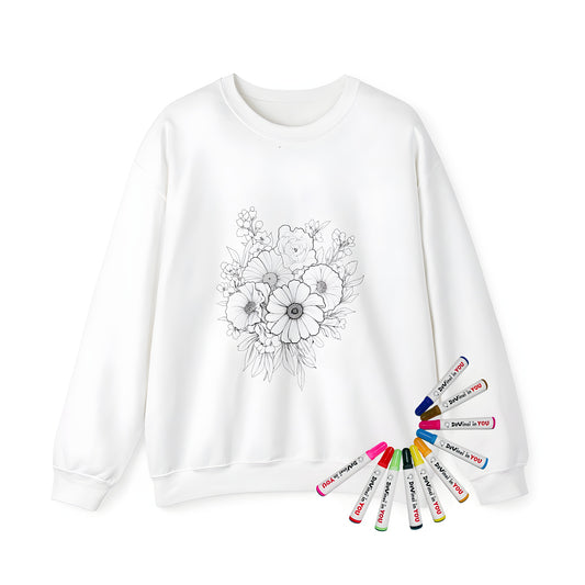 Adult sweatshirt with beautiful floral designs, featuring a colorful arrangement of flowers and leaves, perfect for relaxation and self-expression