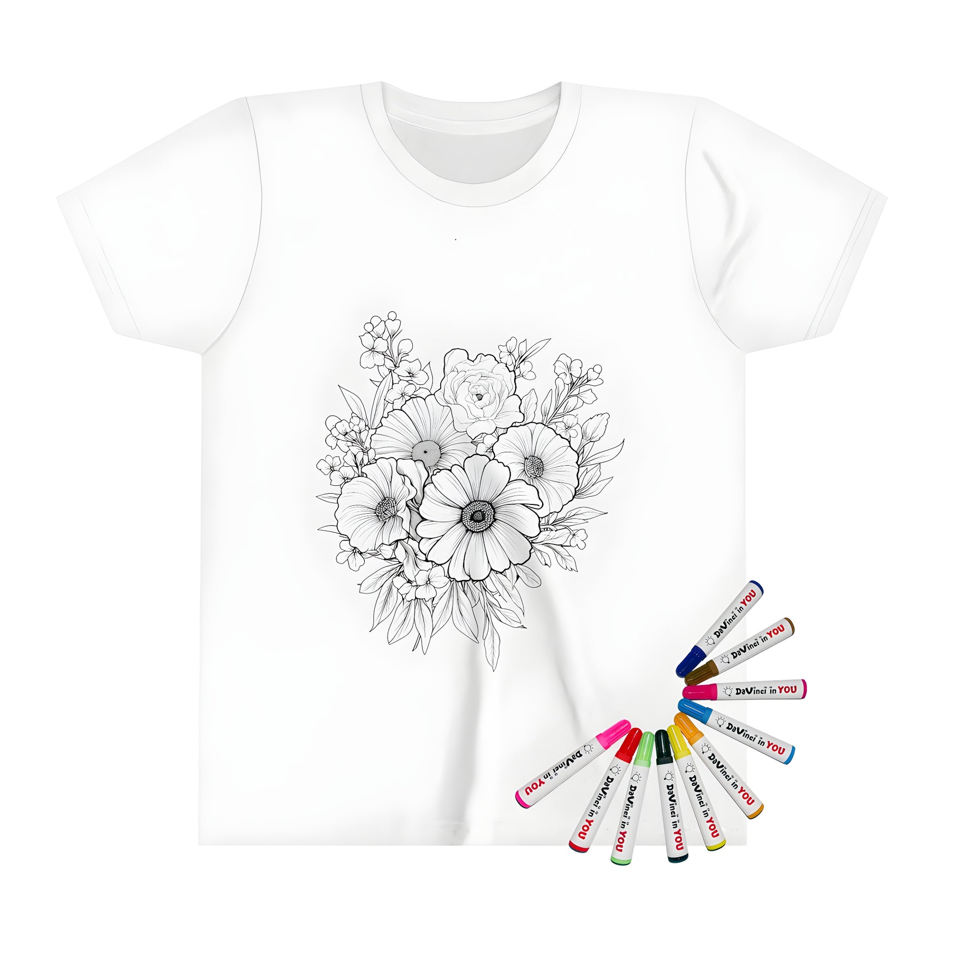 Coloring kit for kids featuring an adorable flower bouquet illustration on a kid's t-shirt