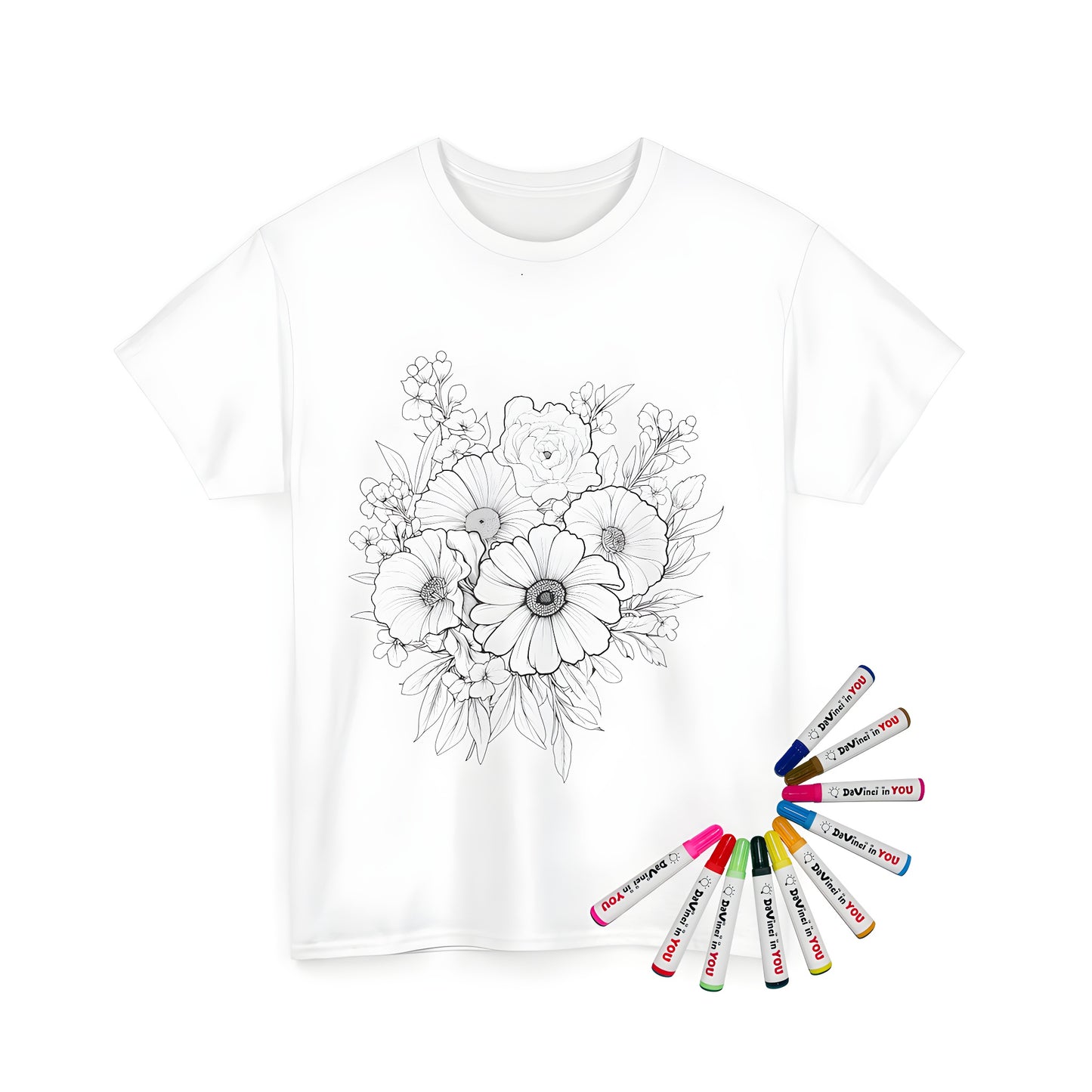 A colorful unisex t-shirt featuring a detailed illustration of a flower arrangement, floral bouquet, and foliage design