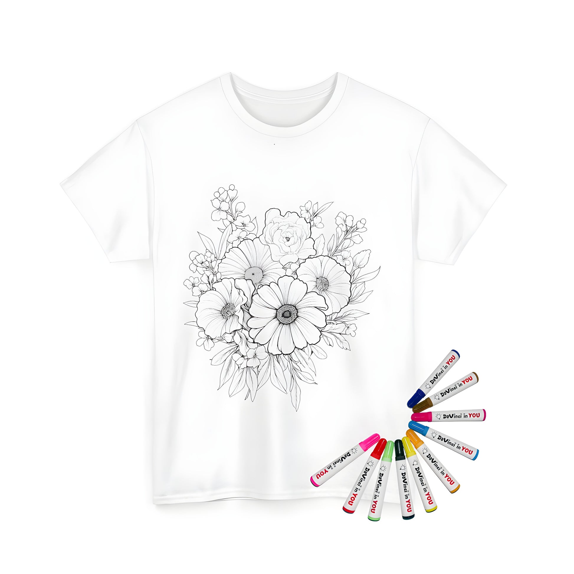 A colorful unisex t-shirt featuring a detailed illustration of a flower arrangement, floral bouquet, and foliage design